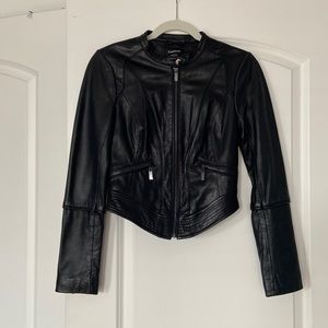 Bebe cropped black genuine leather jacket, size xs
